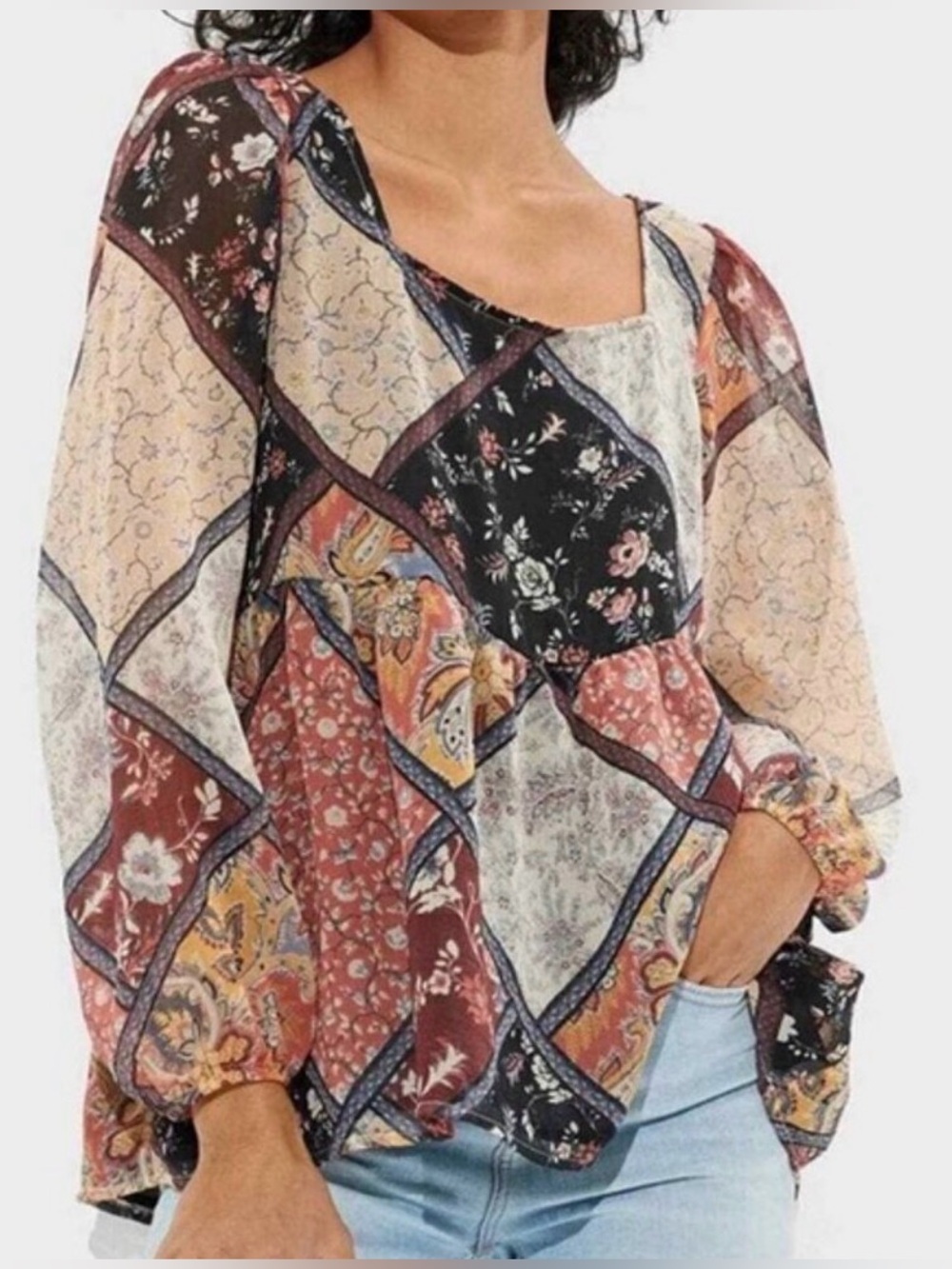 American Eagle Patchwork Floral Tie Back Long Sleeve Blouse NWT